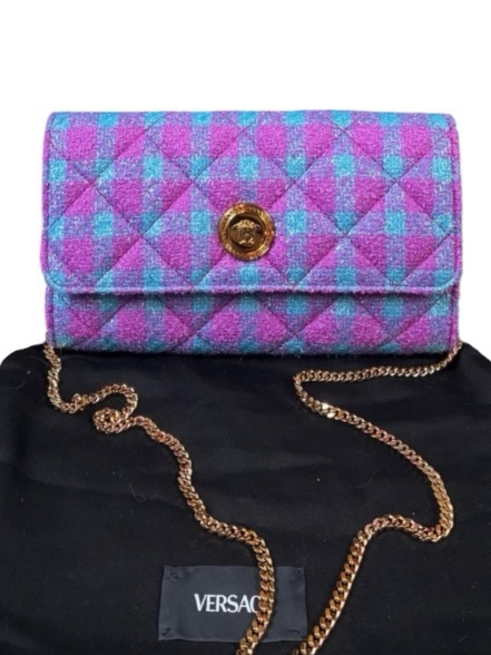 ✨💎NWT💎✨Versace Pink , Turquoise & Purple Tweed Wallet on Chain!